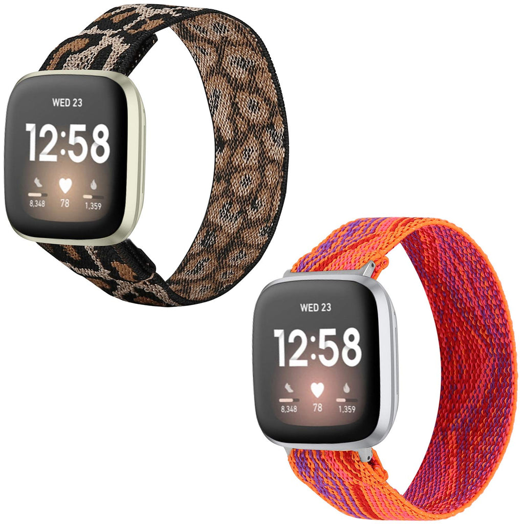 TOYOUTHS 2-Pack Compatible with Fitbit Versa 3 Bands Scrunchie Replacement for Fitbit Sense Elastic Strap Fabric Nylon Fashion Wristband Women Men Small Size (Cheetah+Boho Orange)