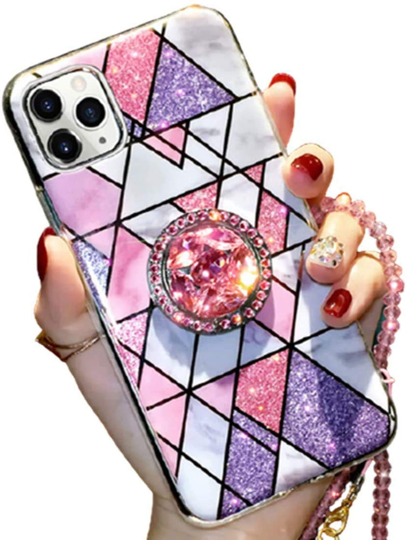 Aulzaju for iPhone 12 Pro Phone Case for Girls Women with Metal Ring Kickstand Bling Diamond Glitter Marble Design Luxury Cute Bead Phone Lanyard Bumper Protective Case for iPhone 12 6.1 Inch Pink iPhone 12/iPhone 12 Pro 6.1 Inch