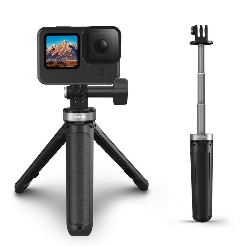 TELESIN Mini Desktop Extendable Selfie Stick Tripod for Go Pro Max Hero 9 8 7 6 5 DJI Osmo Action Pocket Insta 360 One R One X 1 Inch, Compact Size Portable Adjustable Camera Tripod Stand Accessories