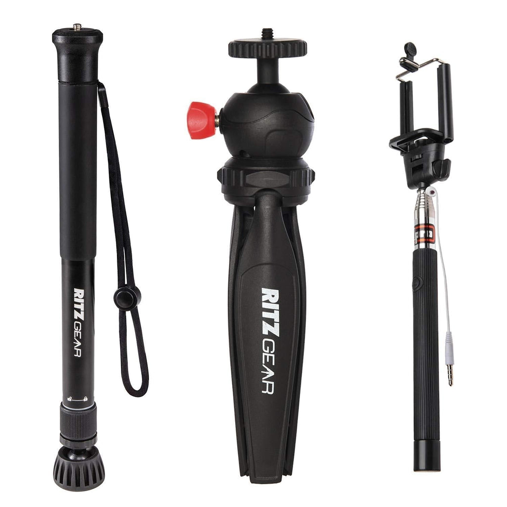 Ritz Gear Tripod Bundle Includes 60" Monopod, Tabletop Tripod and Telescoping Selfie-Stick