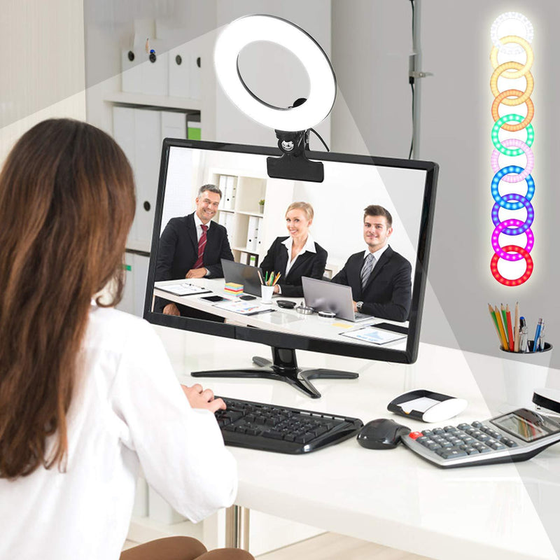 RGBW Clip LED Ring Light 6" 360°Full Color 8 Lighting Scenes 3200K-6500K Dimmable Clip on Desk,Monitor,Laptop,Chair and Bed for Video Conference Lighting,Computer Monitor Light or Vlogging Equipment