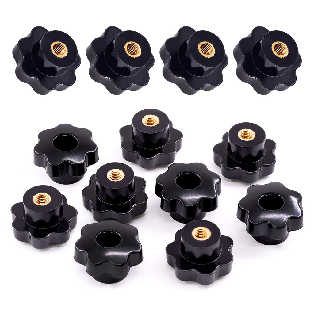 Swpeet 15Pcs M8 7 Star Through Hole Knob Female Thread Nut Clamping Knob Grip Assortment Kit, Star Shape Hand Knobs Black Plastic Screw-On Handle Clamping Knob for Mechanical Equipment (M8)