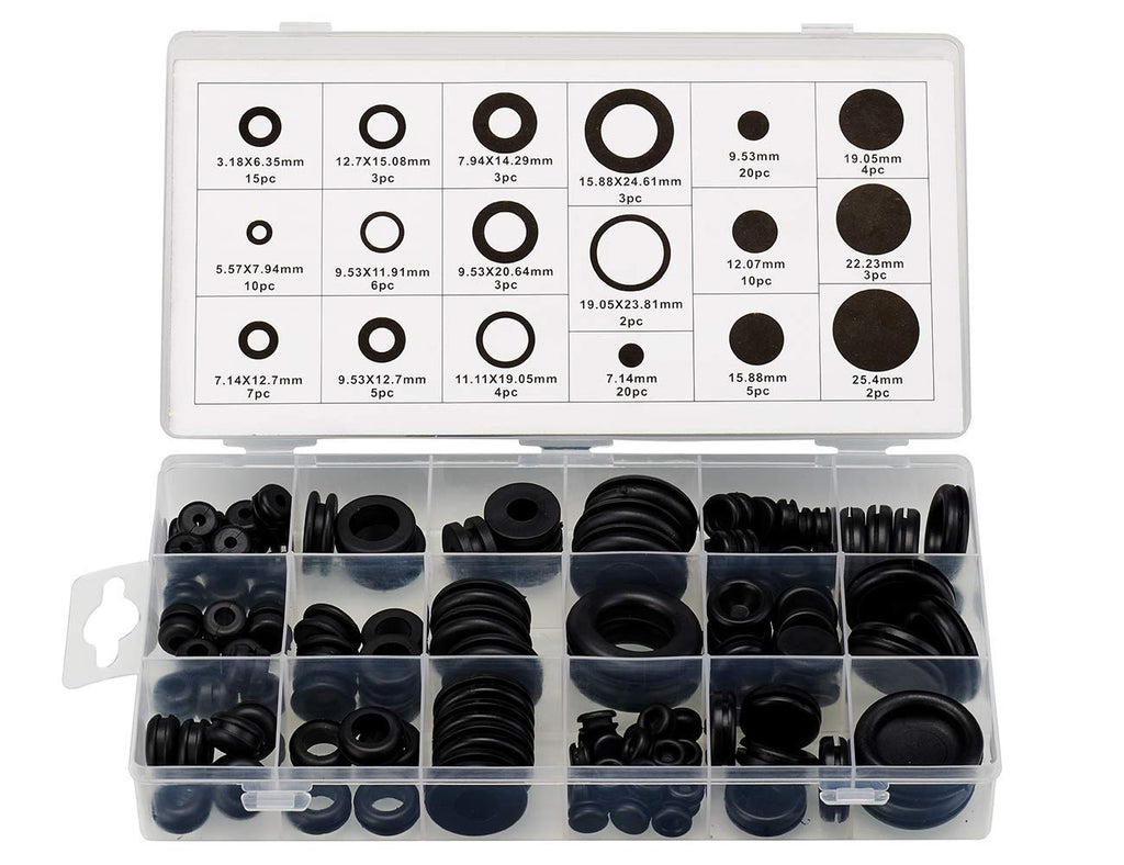 125 Piece Rubber Grommet Eyelet Ring Gasket Assortment, Set of 18 Different Sizes, with See-Through Divided Organizer Case – Ideal for Automotive, Plumbing, and PC Hardware/Piano Repair etc.