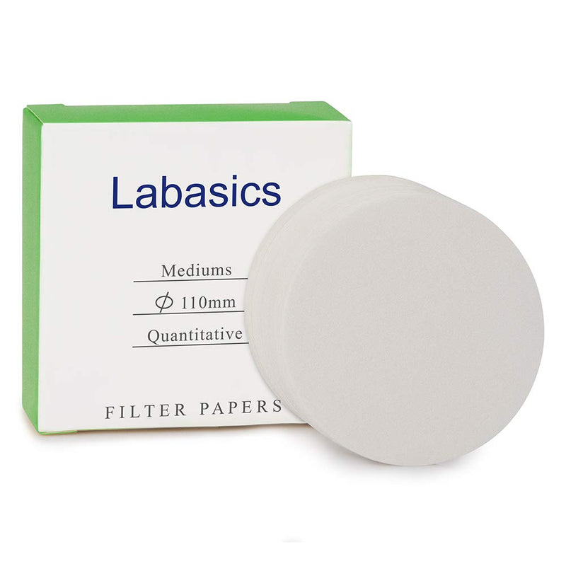 Labasics Quantitative Filter Paper Circles, 110 mm Diameter Cellulose Filter Paper with 15 to 20 Micron Particle Retention Medium Filtration Speed, Pack of 100