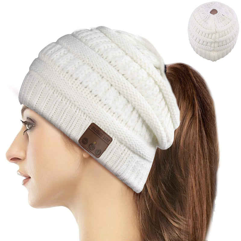 Wireless Music Beanie Women Ponytail Beanie Girls Hat Over Ear Headset Sports Stereo Headphone with Microphone Speaker Womens Messy Bun Beanie Tail Gifts Knit Skull Cap White
