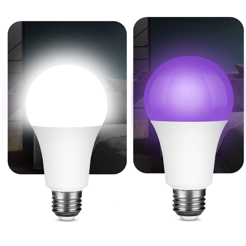 10W LED Black Lights Bulb, A19 LED White Light Bulb, E27/E26 Fluorescence Light Bulb, UVA Level 395-400nm for Glow in The Dark, Bar Club, 5000K Daylight Light LED Bulb for Home, 2 Packk
