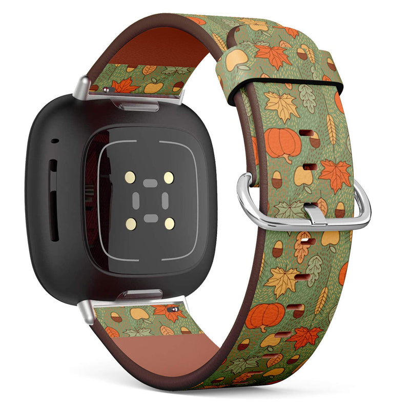 SMODDIX Replacement Band Compatible with Fitbit Sense/Fitbit Versa 3, Leather Strap Wristband Bracelet (Pumpkins Leaves Wheat)