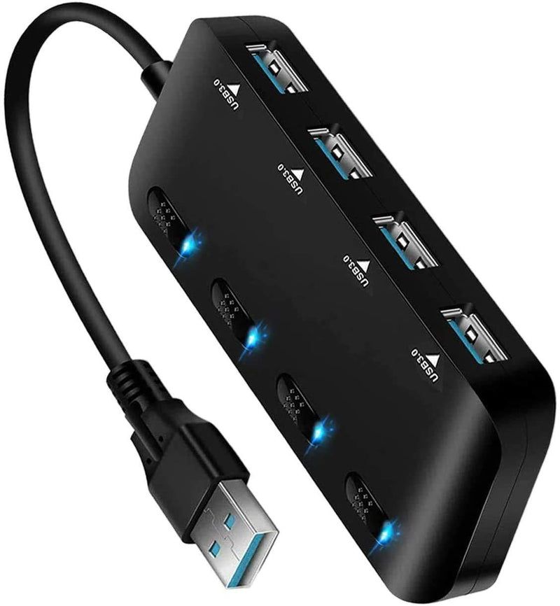 4-Port USB 3.0 Hub with Individual Power Switches and Lights, High-Speed Data Hub Splitter Portable USB Extension Hub for PC Laptop and More