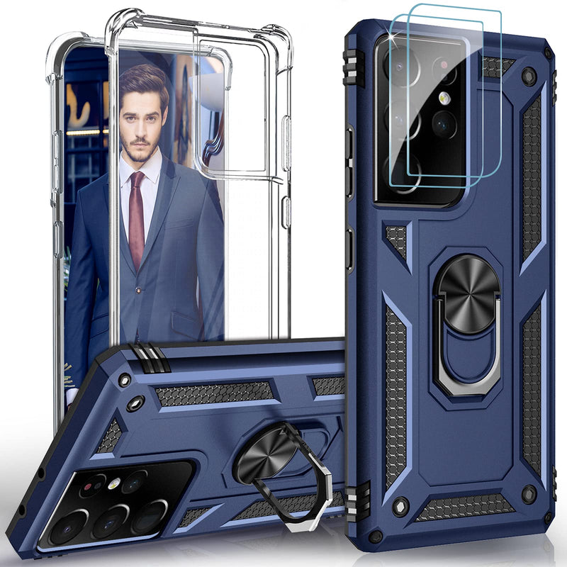 [3 Pack] S21 Ultra 5G Case for Samsung Galaxy S21 Ultra Case 360 Magnetic Kickstand Ring Holder Cases with Clear Slim Silicone Case, Heavy Duty Tough Military Armor Samsung S21 Ultra Phone Case Blue