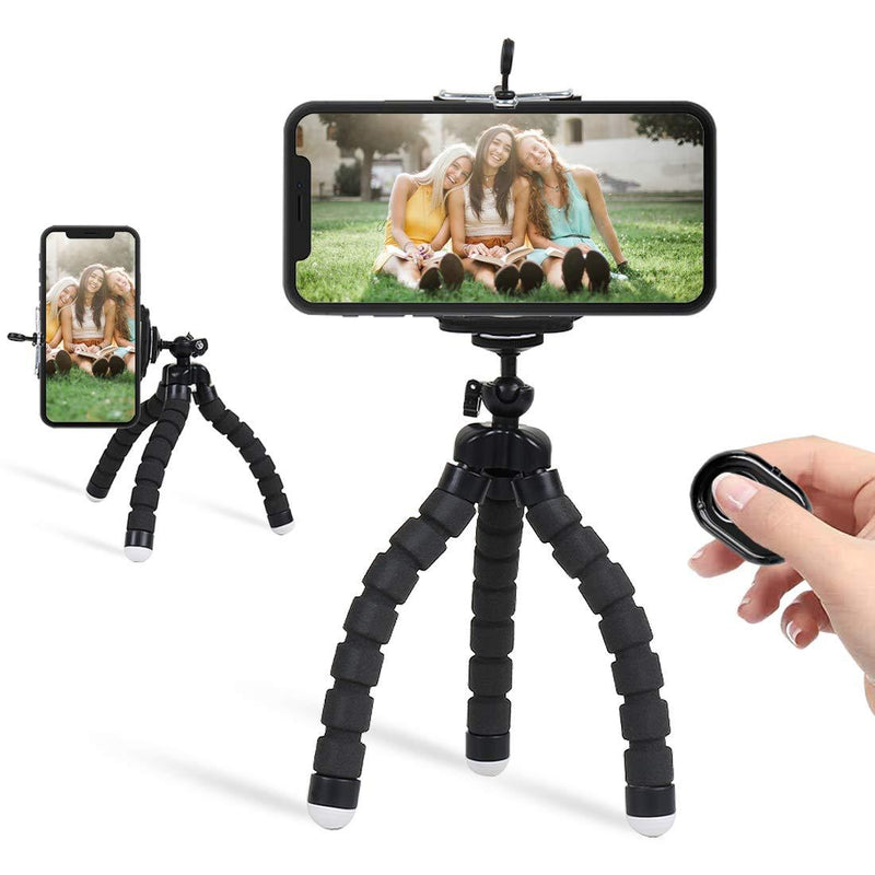 Phone Tripod, Premium Bendable Tripod with Wireless Remote and Universal Clip, Mini Phone Tripod Stand Compatible with All Cell Phones/Cameras, Cell Phone Tripod Stand for Video Recording (Black) Black