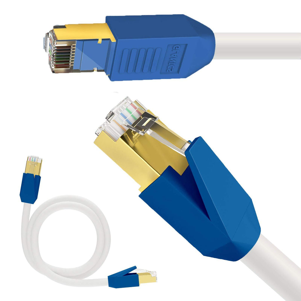 Cat 8 Ethernet Cable, GLANICS 2ft, 5ft CAT8 SFTP Patch Cord 26AWG Internet Network High Speed Stort Cable with Gold Plated RJ45 Connector Weatherproof for Router/Gaming/Xbox/POE 2ft+5ft White Blue-2 Pack