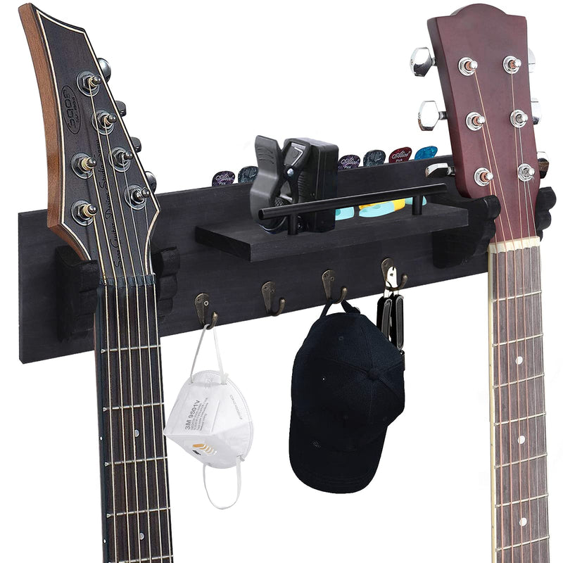 TCJJ Double Guitar Holder Wall Hanger, Guitar Wall Mount Bracket Wood Hanging Rack with Guitar Accessories Storage Shelf and Hooks (Black) Black