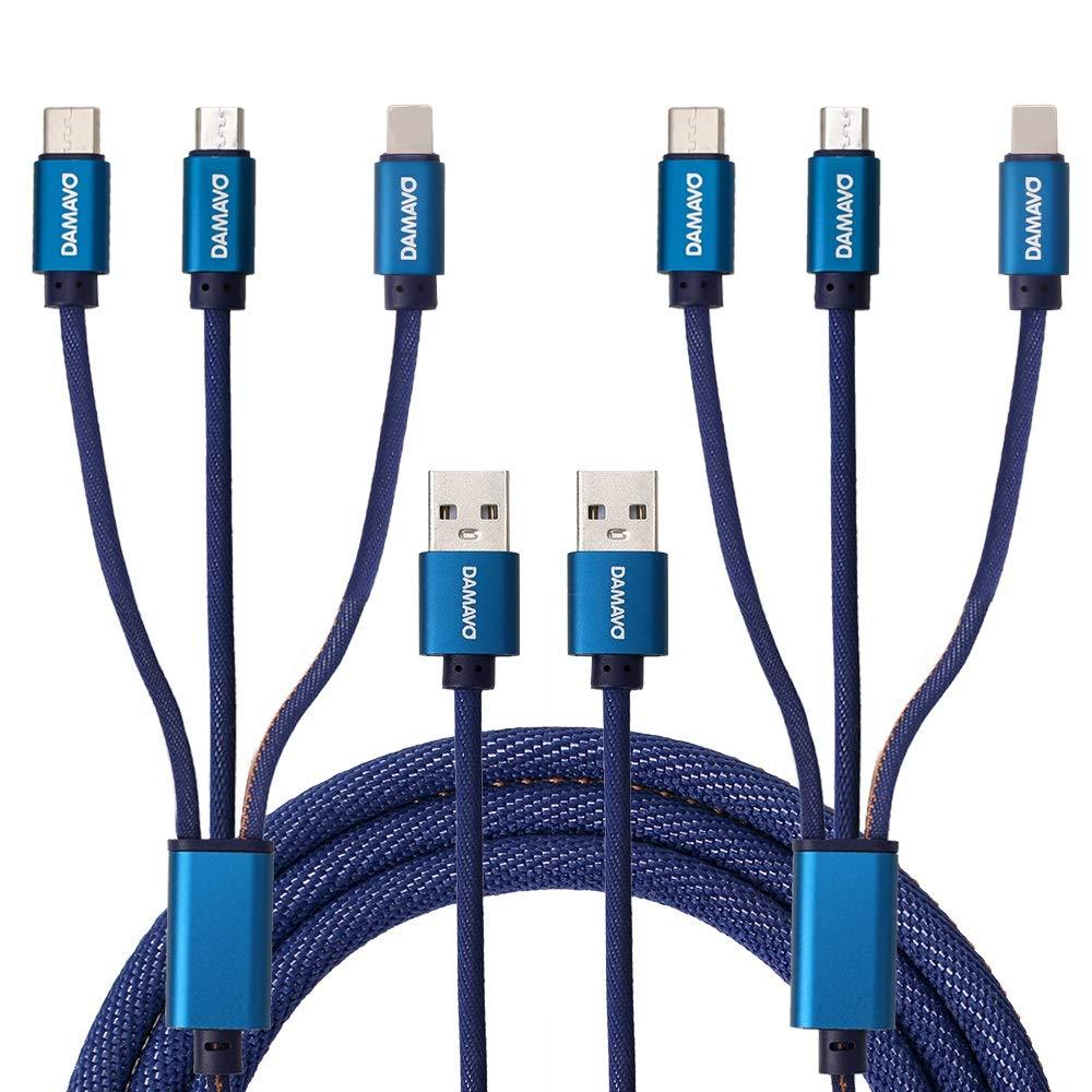 2 Pack 3.3FT 3 in 1 Multi Charger Cable, DAMAVO Durable Denim Fabric Design Braided Universal USB Charging Cord with Phone/Type C/Micro Connectors Multiple Devices for Cell Phone (Charging Only, Blue)