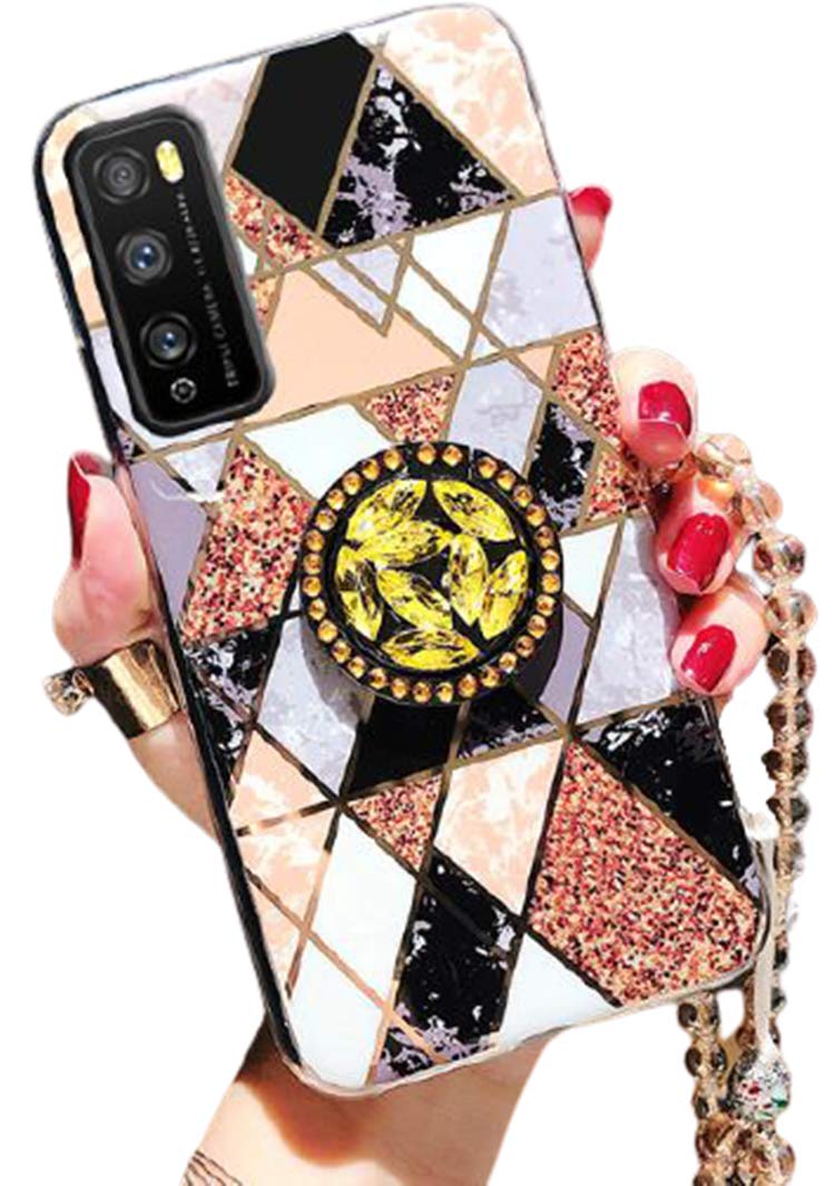 Aulzaju for Samsung S21 Plus 5G Case Hard PC Back Cute Glitter Sleek Marble Design with Detachable Ring Stand & Beaded Strap Luxury Bling Diamond Rugged Shockproof Girly Phone Case for Galaxy S21 Plus Black Samsung Galaxy S21 Plus