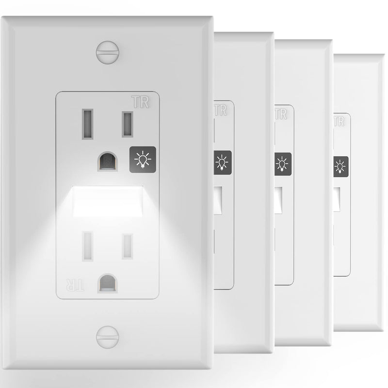 SOZULAMP Decorator Receptacle Outlet with LED Night Light,15A 125V,2 Pole 3 Wire,Tamper Resistant(TR) Electrical Standard Wall Outlets with Nightlight (4 Pack,White) Tamper Resistant White 4