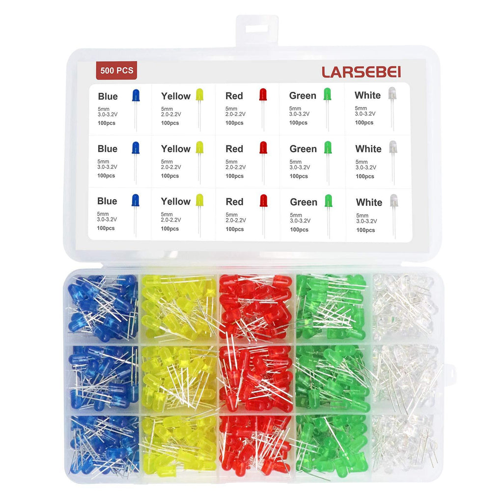 500pcs LED Diode Lights, LARSEBEI 5 Colors 5mm Light Emitting Diodes LED Assortment Kit Electronic Components, Diffused Round Light Bulb for Arduino/Experience, White Red Yellow Green Blue DIY set box