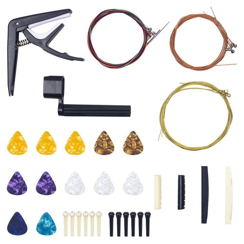 kiniza 50 Pcs Guitar Accessories Kit Including Acoustic Guitar Strings Capo Tuner Picks String Winder Guitar Saddle Nut Bridge Pins for Guitar Beginners Players
