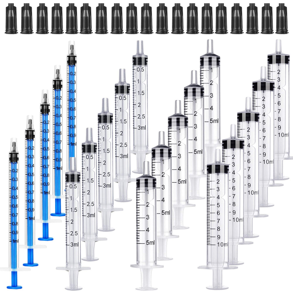 20 Pack Plastic Syringes - 1ml / 3ml / 5ml / 10ml - Separate Sterile Packaging Syringe Without Needle with Caps,Suitable for Scientific Labs Measurement, Measuring, Dispensing, Watering, Refilling