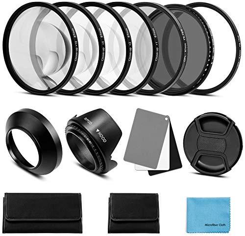 58mm Lens Filter Accessories Kit:UV CPL Adjustable ND Filter(ND2-ND400),Macro Close up Filter Set(+1,+2,+4,+10),Lens Hood,3 in 1 Grey Card for Canon Nikon Sony Pentax Olympus Fuji DSRL Camera 58mm