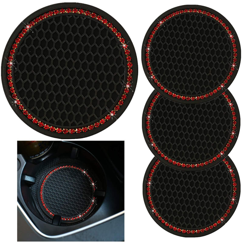 tunfo 4pcs 2.75" Bling Decor Crystal Rhinestone Car Cup Holder Coaster Insert Cup Mat,Car Bling Ring Emblem Sticker Bling Car Accessories for Home and Interior Car Decor Accessory, Red