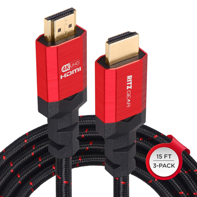 RitzGear 4K HDMI Cables | 3-Pack of 15 Ft. High-Speed 18Gbps HDMI 2.0 Connectors | Durable Braided Nylon, Gold Plating, 4K @ 60Hz Ultra HD, 3D, 2160p, 1080p & Ethernet Support for TV, Laptop & Gaming 15 Feet