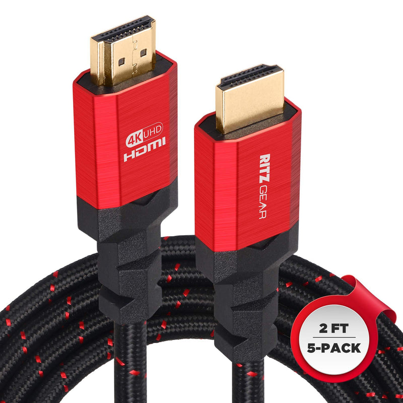 RitzGear 4K HDMI Cables | 5-Pack of 2 Ft. High-Speed 18Gbps HDMI 2.0 Connectors | Durable Braided Nylon, Gold Plating, 4K @ 60Hz Ultra HD, 3D, 2160p, 1080p & Ethernet Support for TV, Laptop & Gaming 2 Feet