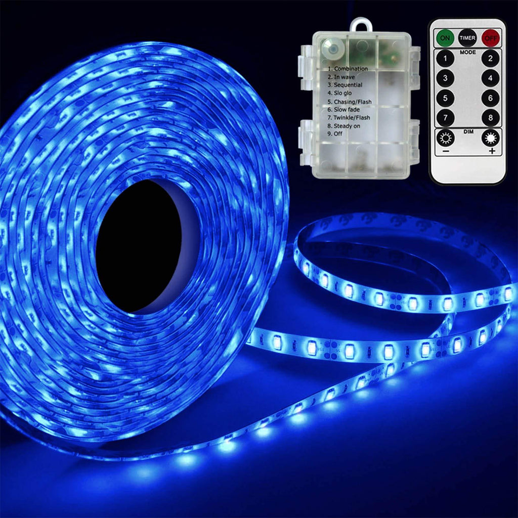 Blue Led Strip Lights Battery Powered Waterproof Self-Adhesive Light Strip for Graduation Classroom Decor Christmas Window Birhthday Party Costume Kids Playhouse Ambiance Lights(90 Led,Remote,Timer) Blue