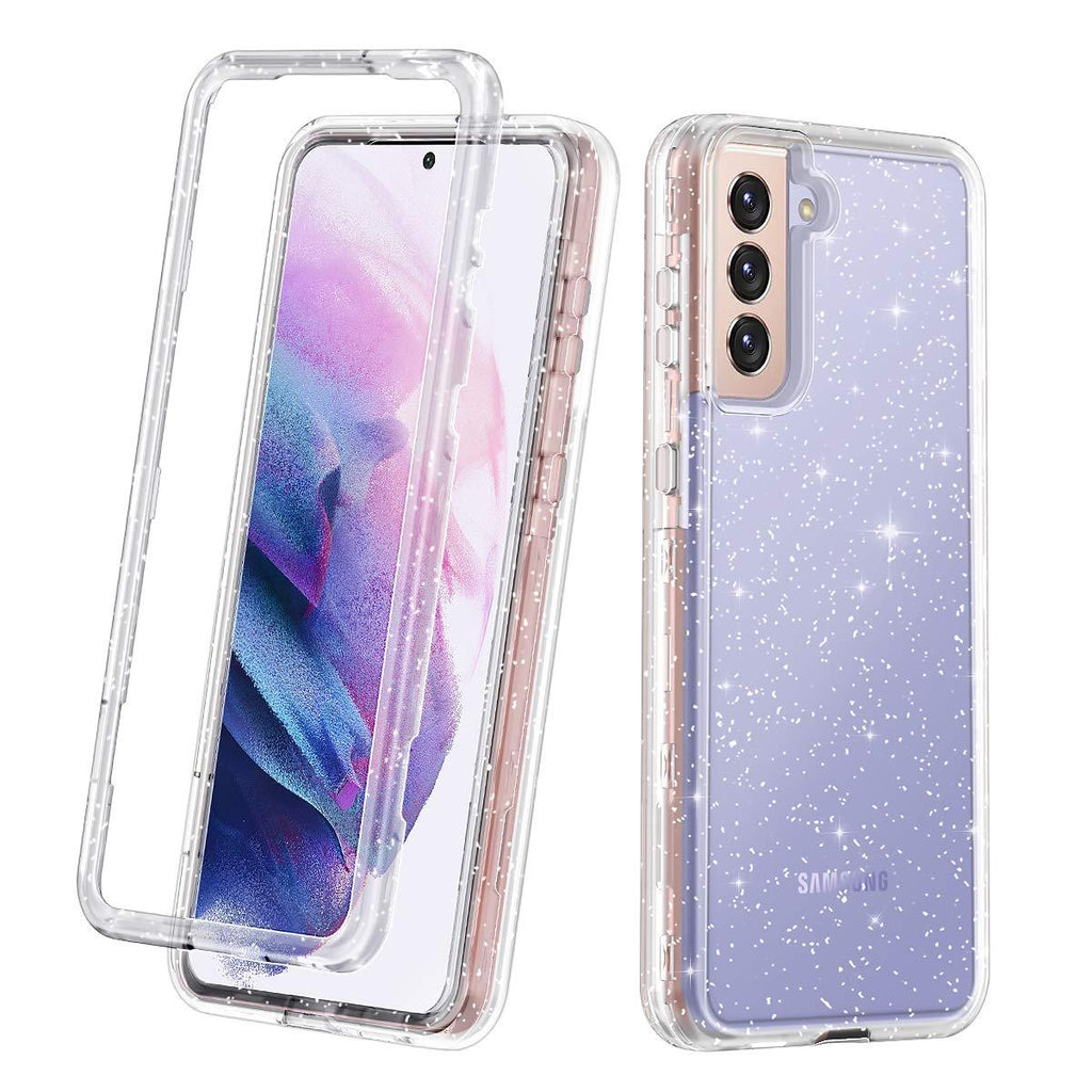 Lamcase for Galaxy S21 Plus Case Crystal Clear Glitter Sparkly Bling Heavy Duty Shockproof Hybrid Three Layer Protective Cover Case for Samsung Galaxy S21 Plus 5G 6.7 inch (2021), Clear/Silver Glitter