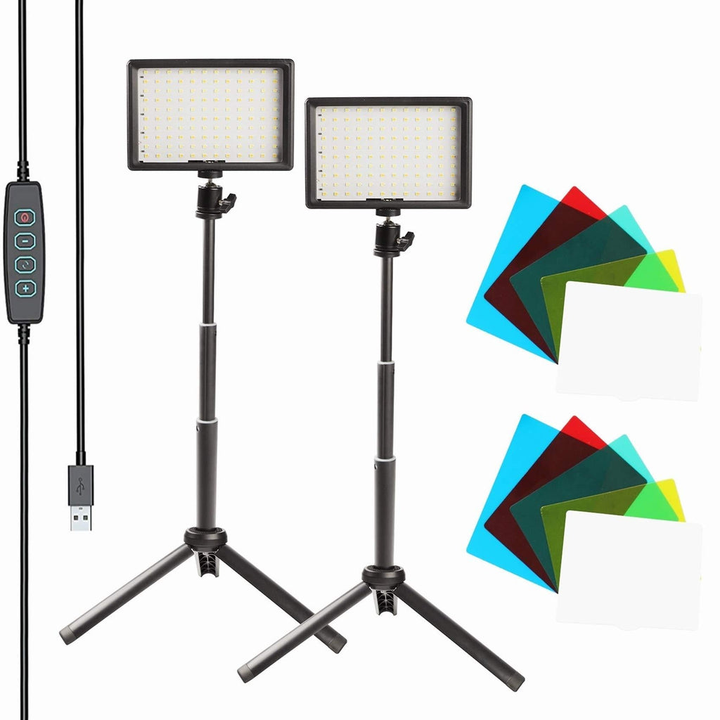 KEAYEO 2-Pack 7" Portable Photography Video Light Kit Dimmable 5800K 120 Lamp Beads Super Bright LED Fill Light with Tripod Stand and 5 Color Filters for Meeting Table Top Photo Video Studio Shooting Black-A