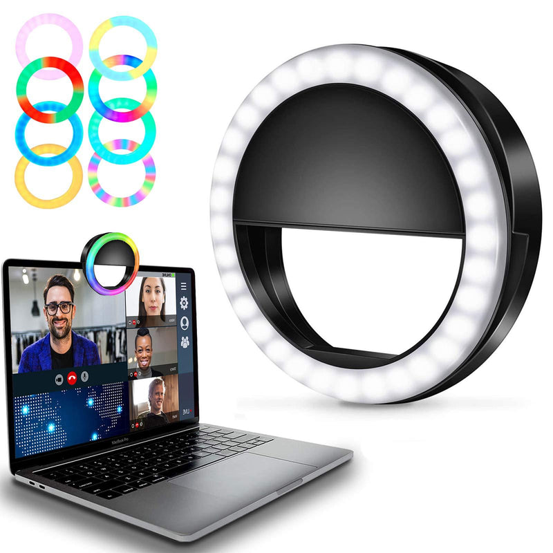 Selfie Ring Light Mini Circle Clip on RGB Lights for Phone, Laptop, Zoom, Video Conferencing, Rechargeable Small LED Ringlight for Webcam, Computer, Conference Lighting, Recording Black 1