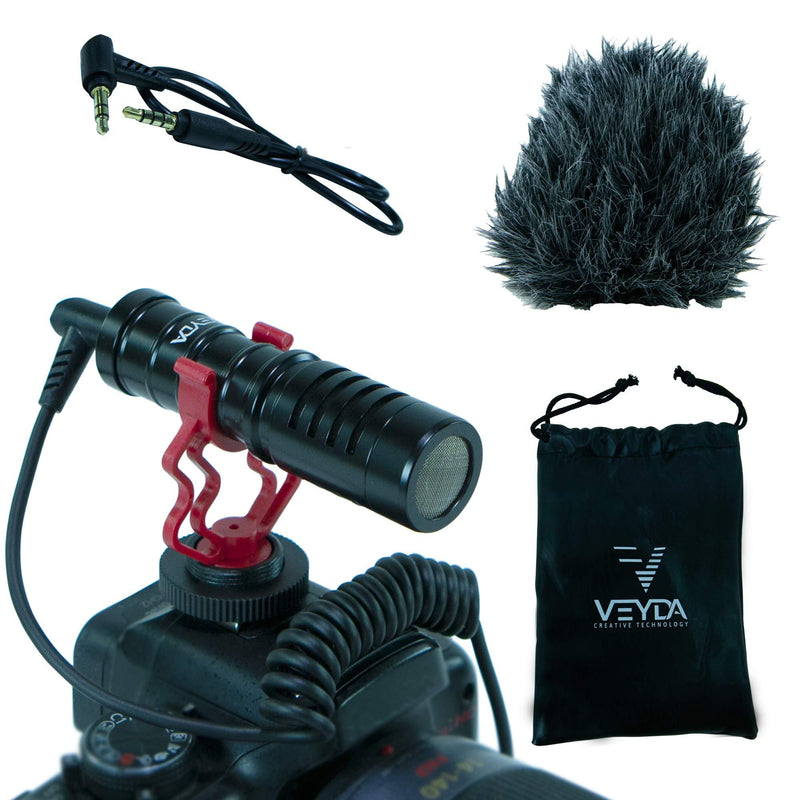 VEYDA VD-SG1 Universal Video Shotgun Microphone with Shock-Absorbing Mount, Deluxe Deadcat Windscreen and 3.5mm TRS/TRRS Patch Cables - Perfect for Vlogging and Influencing