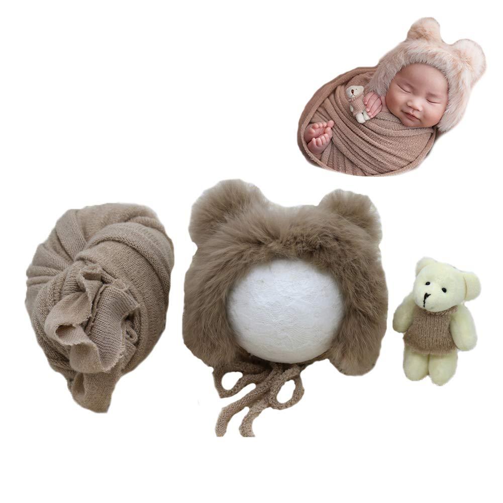 3PCS Newborn Photography Props Outfit Baby Photo Wrap Swaddle Blanket Bear Hat Brown