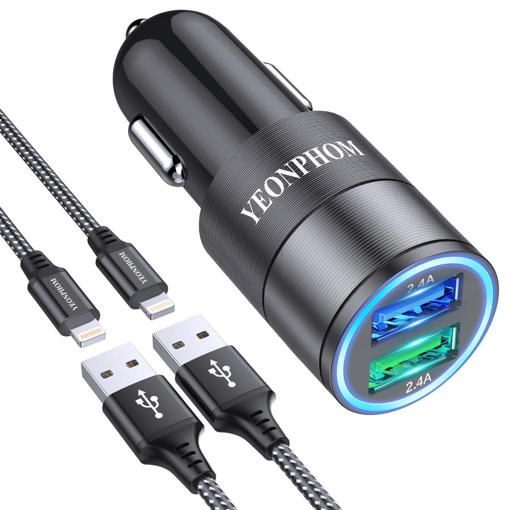YEONPHOM iPhone Car Charger Compatible for iPhone 12 Pro Max/Mini/11 Pro Max/XS Max/XR/X/8/7/6/6S Plus/5S/5C/SE, 2.4A Dual USB Fast Car Phone Charger Adapter with 2x3ft MFi Certified Lightning Cable