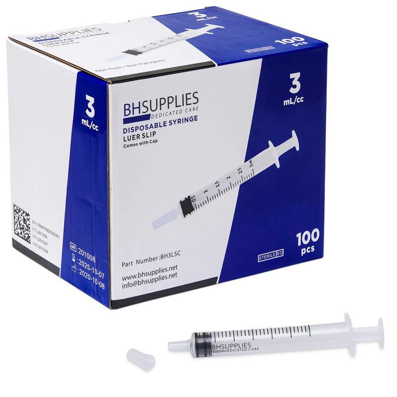 3ml Sterile Luer Slip Tip Syringe - with Covers -100 Syringes by BH Supplies (No Needle) Individually Sealed