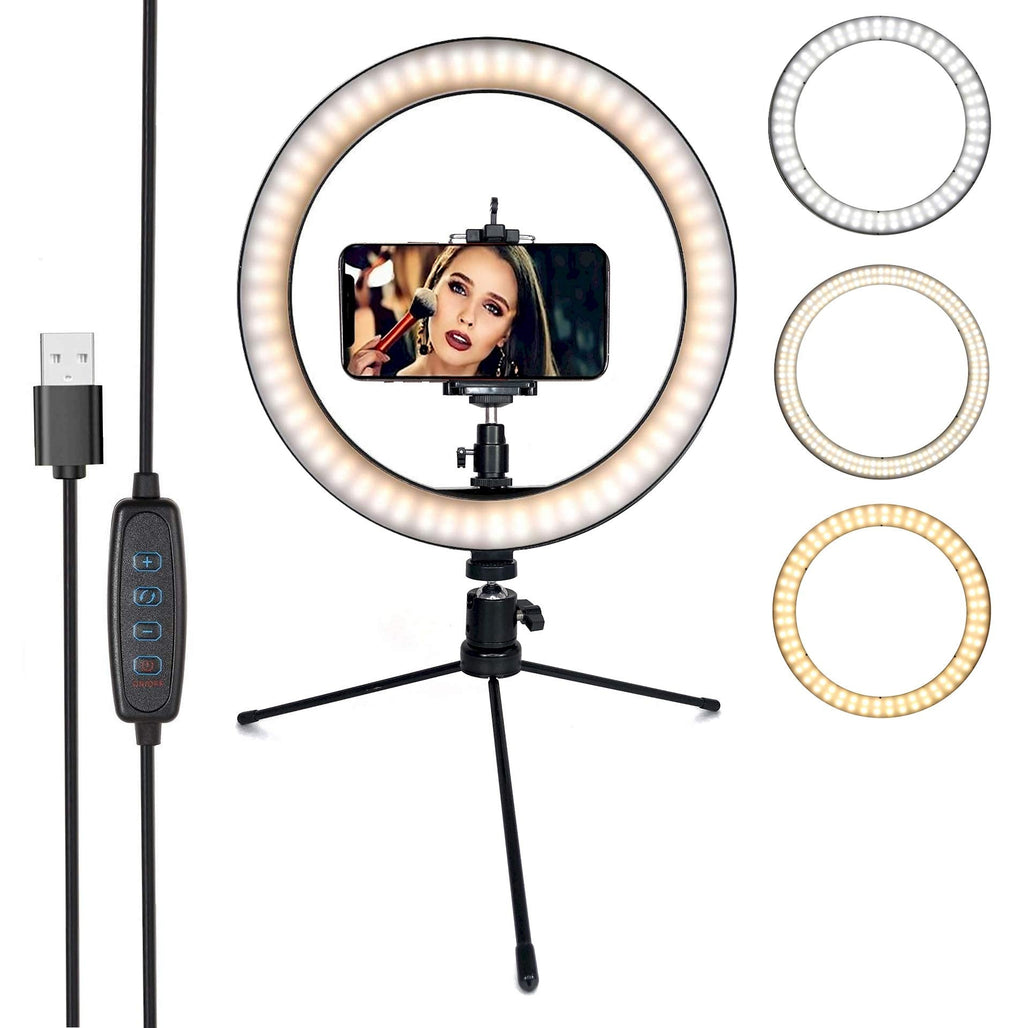 DaVoice LED Ring Light 10" with Tripod Stand & Phone Holder for Live Streaming & YouTube Video, Dimmable Desk Makeup Ring Light for Photography with 3 Light Modes & 10 Brightness Level