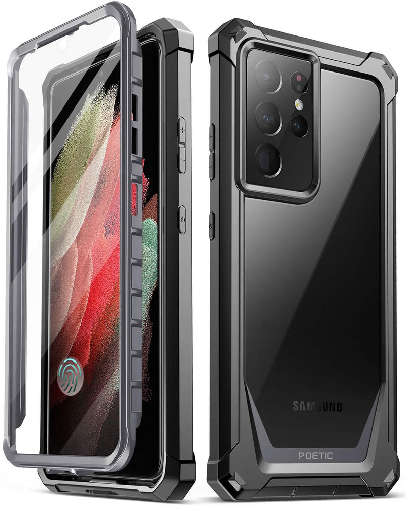 Poetic Guardian Case Designed for Samsung Galaxy S21 Ultra 5G 6.8 inch, Built-in Screen Protector Work with Fingerprint ID, Full Body Hybrid Shockproof Bumper Cover Case, Black/Clear