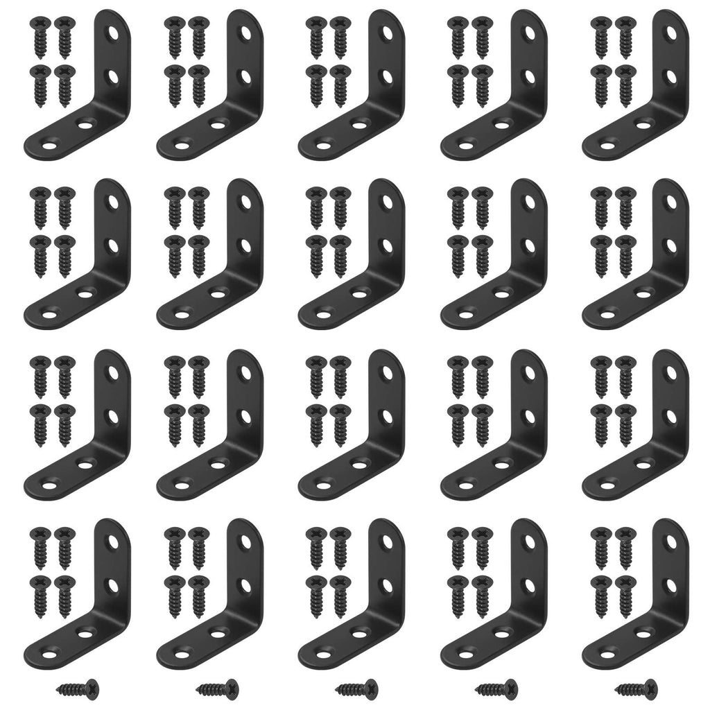 Hilitchi Stainless Steel Black L Bracket Corner Brace 90 Degree Right Angle Brackets Sets with Screws Corner Fastener for Shelves Steel Joints Support (40mm, 20 Pack) 40MM