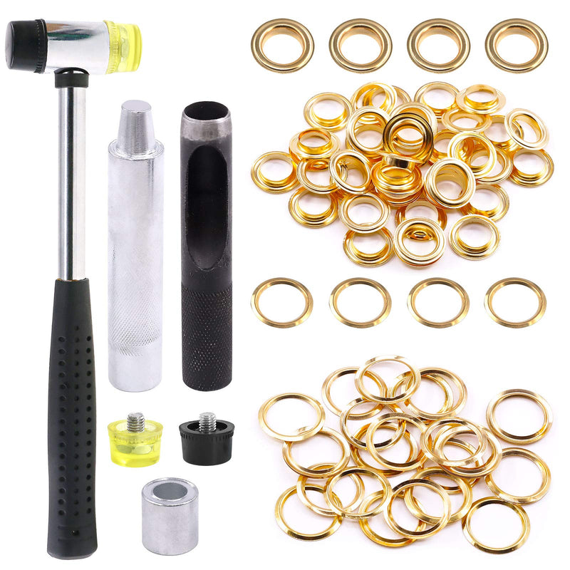 Hilitchi 120 Sets 1/2 Inch Grommets Eyelets Grommet Kit with Punch Hole Tool Installation Tool for Tarpaulin, Fabric, Curtains and Craft Making, Tarpaulin Repair (Golden) Golden