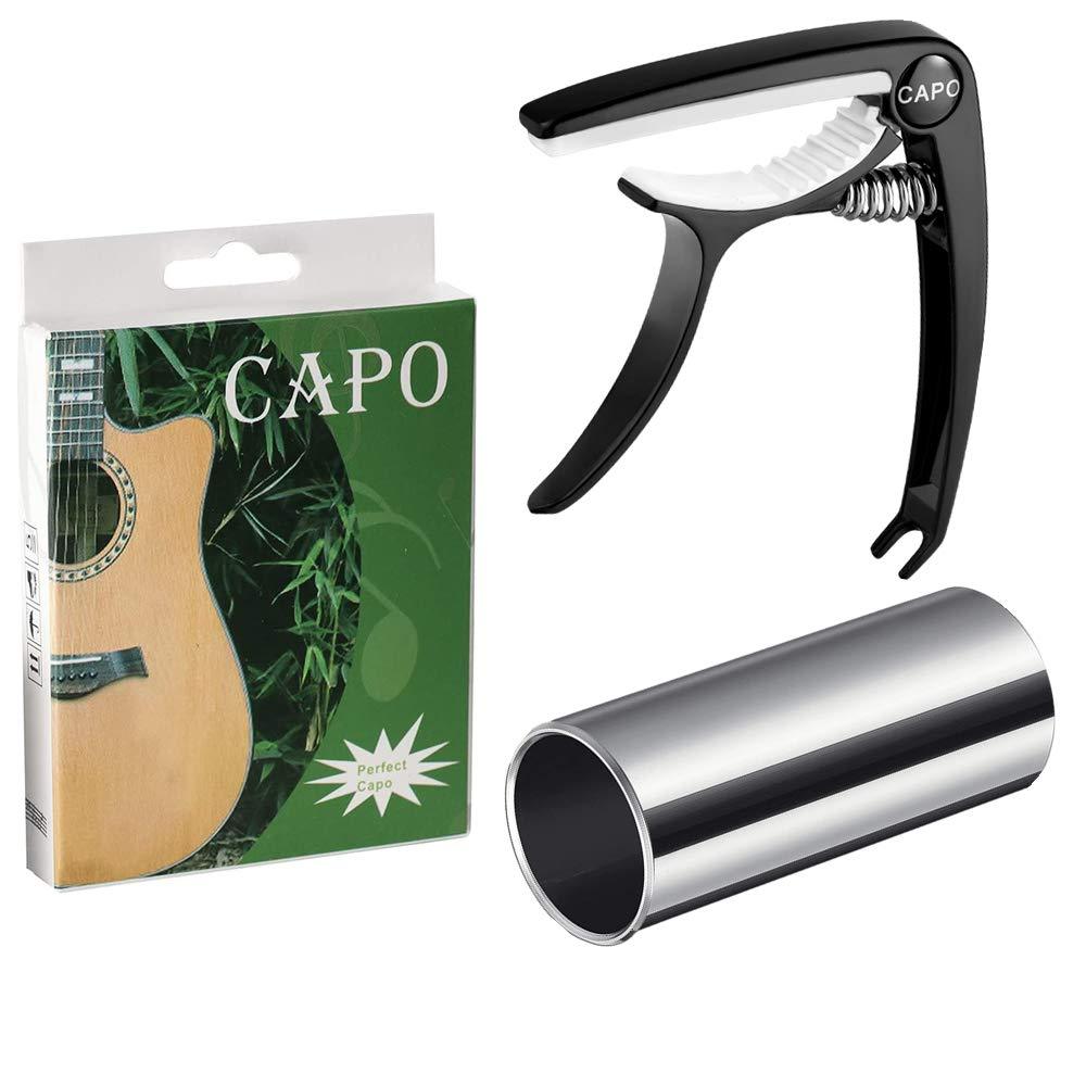 SUEWIO Guitar Slide and Guitar Capo Set, 304 Stainless Steel Medium Guitar Slide(6 cm), Black Guitar Capo with Pin Puller, for Acoustic and Electric Guitar, Bass, String Instruments