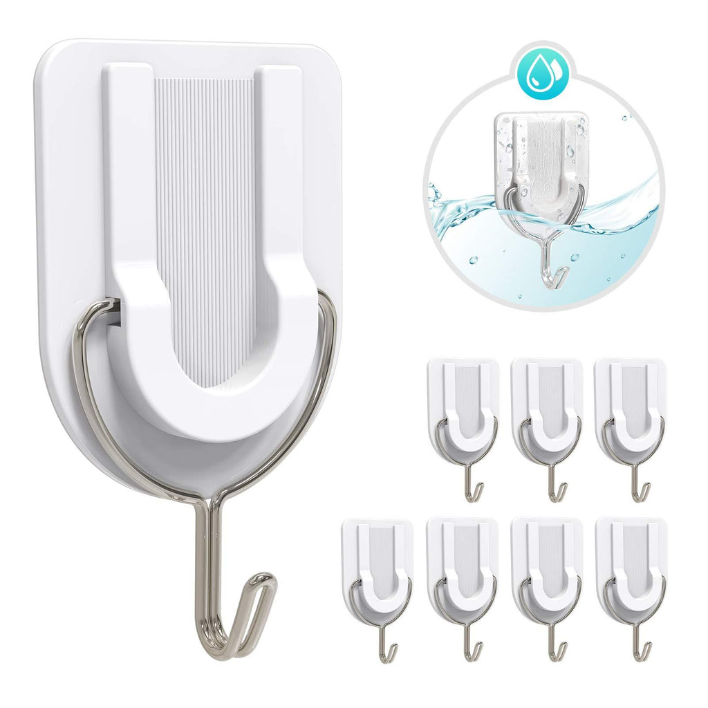 HangerSpace Adhesive Hooks, U-Shaped White Plastic Adhesive Hooks 6.6LB Heavy Duty Nail Free Sticky Hooks Hangers with Stainless Hooks Ceiling Self Sticky Utility Hooks for Kitchen Bathroom - 8 Pack