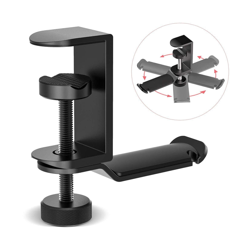 APPHOME Headphone Stand Hanger Under Desk 360 Degree Rotating PC Gaming Headset Holder Aluminum Clamp Hook Space Save Mount, Universal Fit All Headphones, Black
