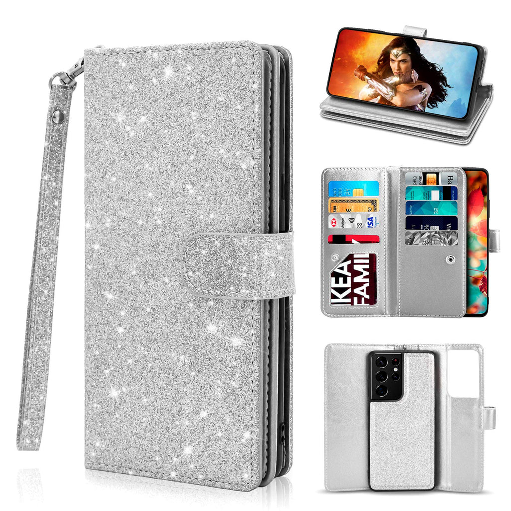 Newseego Compatible Samsung Galaxy S21 Ultra Wallet Case (6.8 Inch),Glitter PU Leather Magnetic Closure Multi-Credit Card Slot Cash Holder Detachable 2 in 1 Wallet Cover with Wrist Strap-Silver Silver