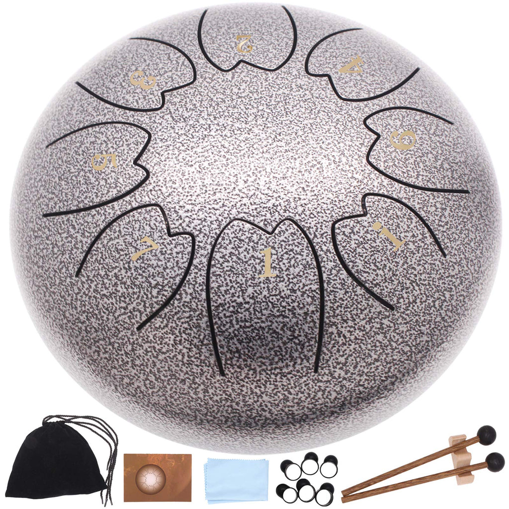 Steel Drum Tongue Drums,8 Notes 6 Inches Percussion Instrument Handpan Drum Panda Drum with Carry Bag Couple of Mallets Music Book for Musical Education Concert Mind Healing Yoga Meditation. Vintage silver
