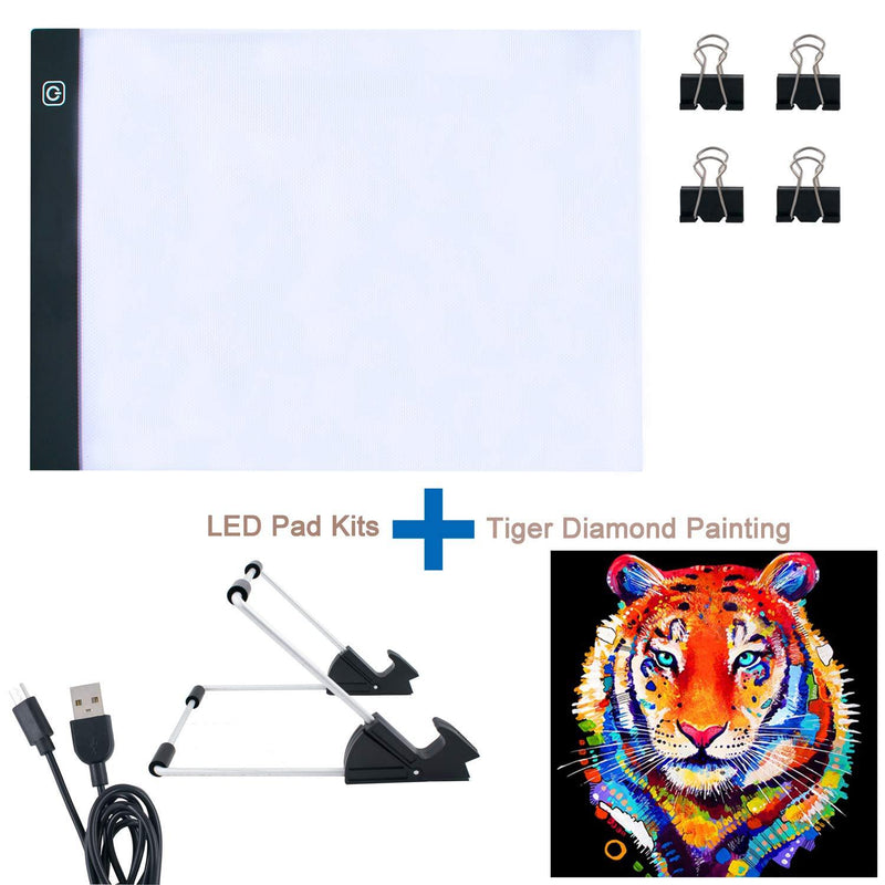 SnowTing Portable Diamond Painting A4 LED Light Pad Kits + Tiger 5D Diamond Painting Full Drill Tiger 12x12 Inch, Dimmable Tracing Light Board, USB Powered Light Board Kit with Stand Holder and Clips