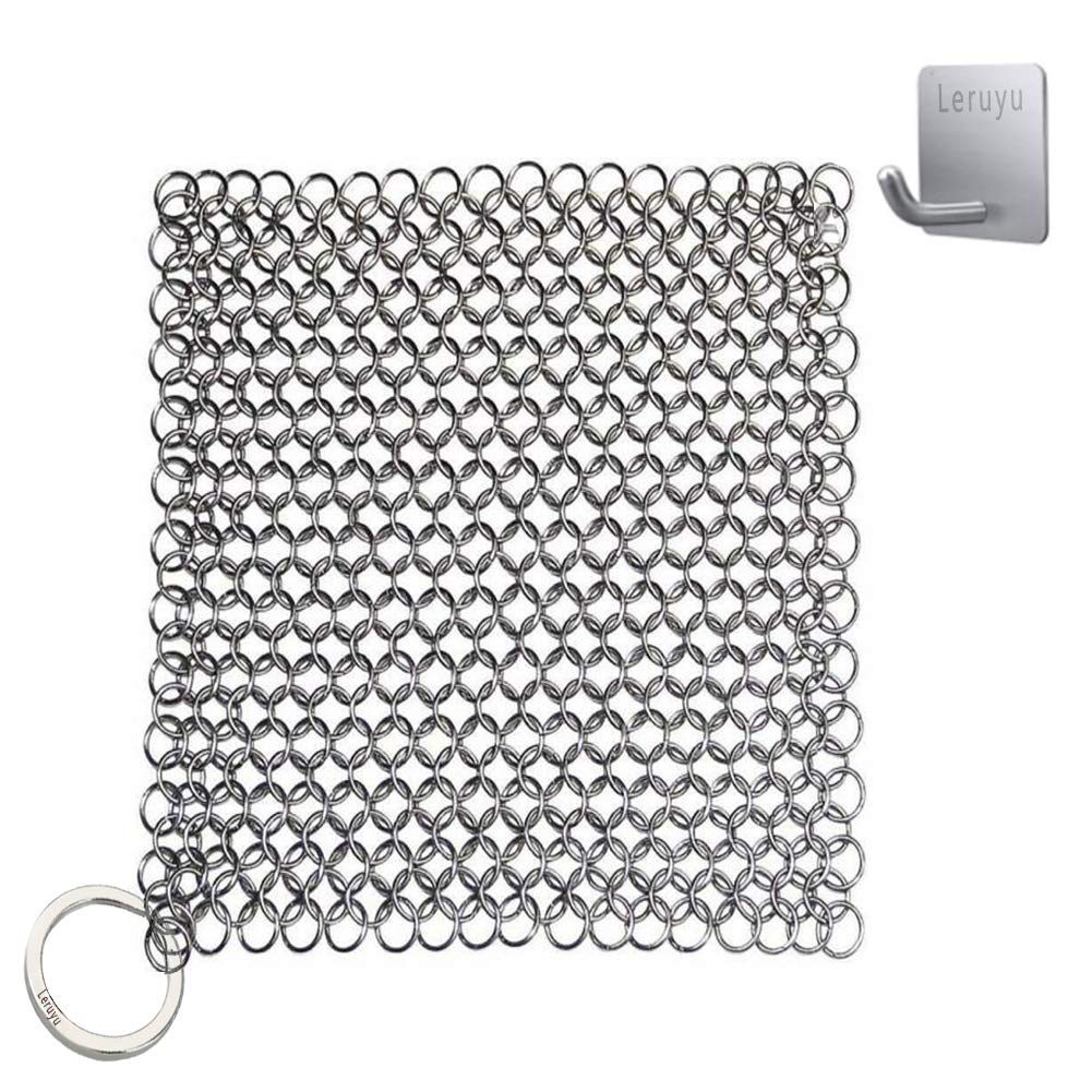 Cast Iron Cleaner Cleaning Pan Cleaner Leruyu 316L Cast Iron Chainmail Scrubber for Pre-Seasoned Pan Dutch Ovens Cast Iron Pans + Self Adhesive Hooks