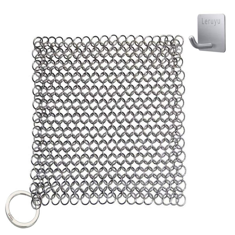 Cast Iron Cleaner Cleaning Pan Cleaner Leruyu 316L Cast Iron Chainmail Scrubber for Pre-Seasoned Pan Dutch Ovens Cast Iron Pans + Self Adhesive Hooks