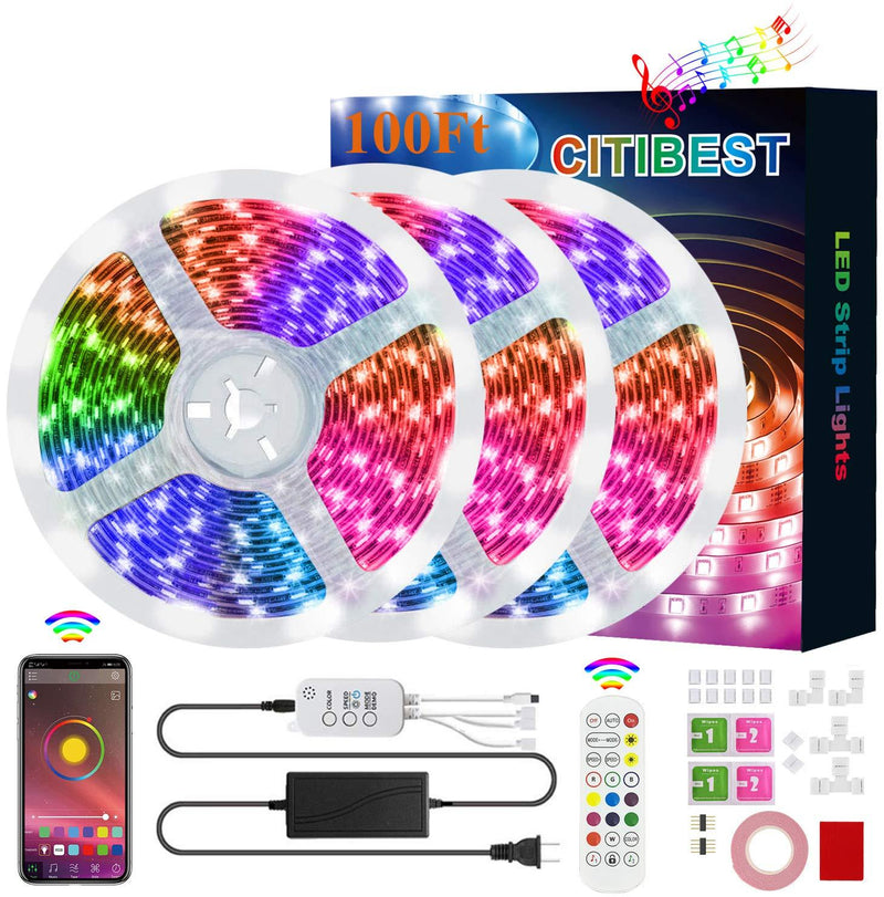12V RGB Led Strip Lights for Bedroom,100Ft Color Changing Rope Lights with Remote,Smart Led Light Strip Music Sync Bluetooth 100Ft