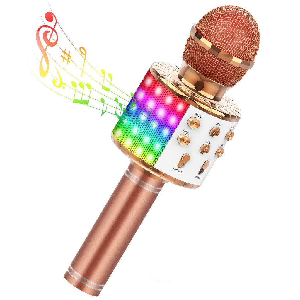 TECBOSS Kids Karaoke Microphone, 4 in 1 Portable Wireless Bluetooth Microphone Machine with LED Lights, Gifts Toys for Kids Girls Teens Adults Champagne