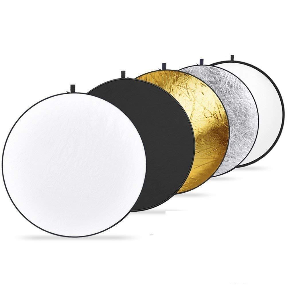 Light Reflector Photography,43-inch /110CM Portable 5 in 1 Translucent, Silver, Gold, White Black Collapsible Round Multi Disc Light Reflector Studio Any Photography Situation