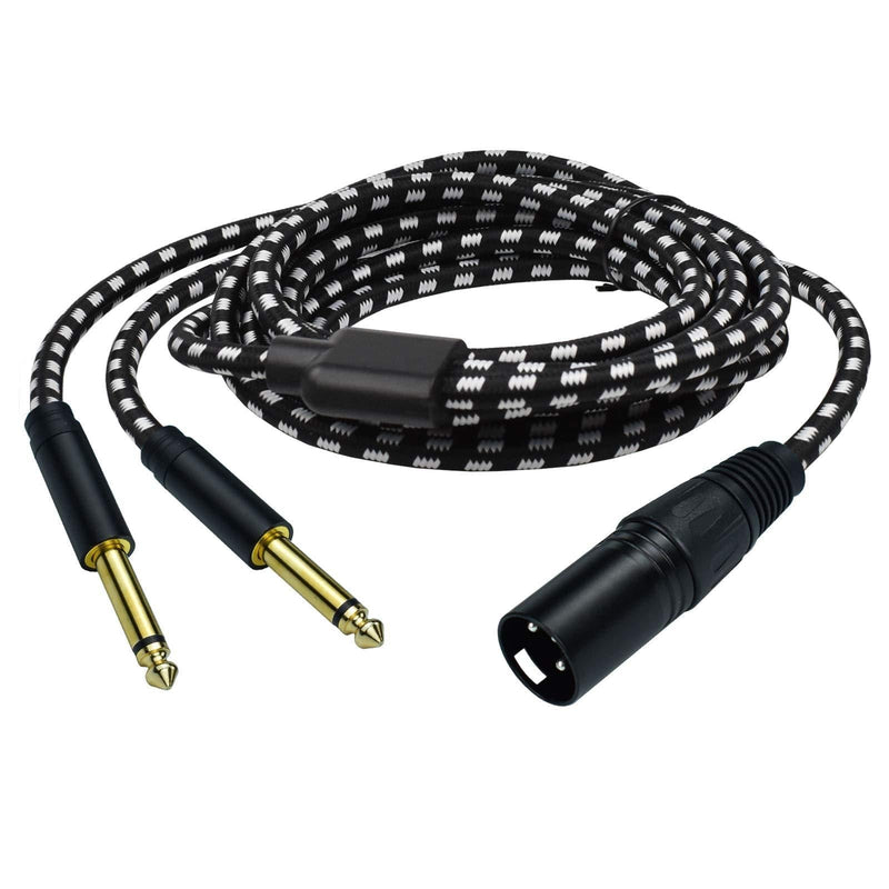 Dual 1/4 TS Mono to XLR Male Cable, Mugteeve 3.3FT Double Quarter Inch to XLR Y Splitter Cable, for Mixer, Electric Drum, Keyboard Stereo Main Out Cable, Heavy Duty, Cotton Braided, Black White Color